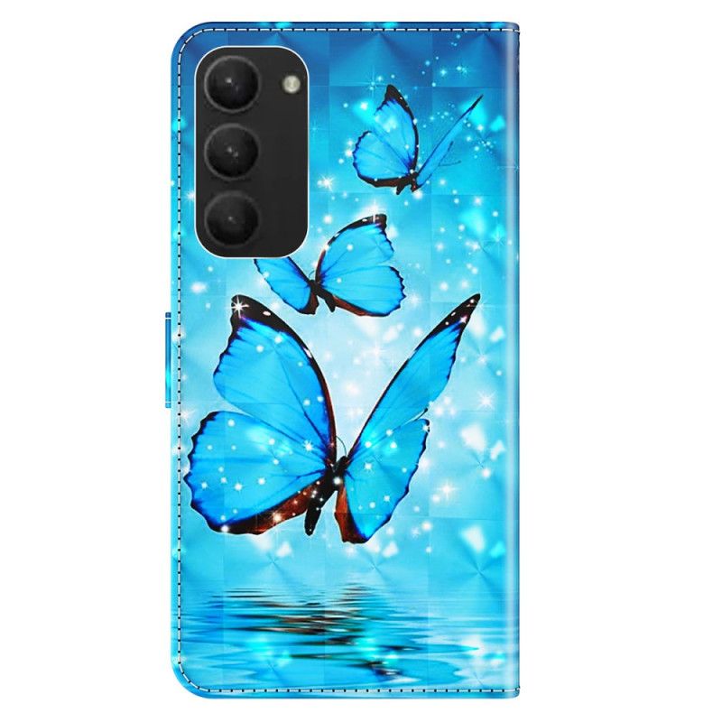 Leren Hoesje Samsung Galaxy S24 Plus 5g Blauwe Vlinders Met Riem Bescherming Hoesje