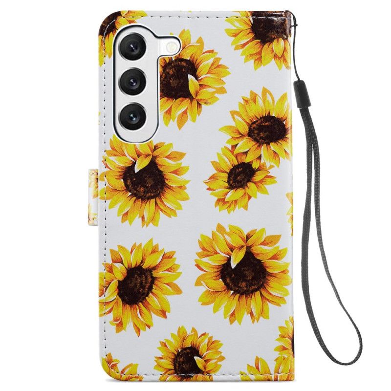 Leren Hoesje Samsung Galaxy S24 Plus 5g Riem Zonnebloemen