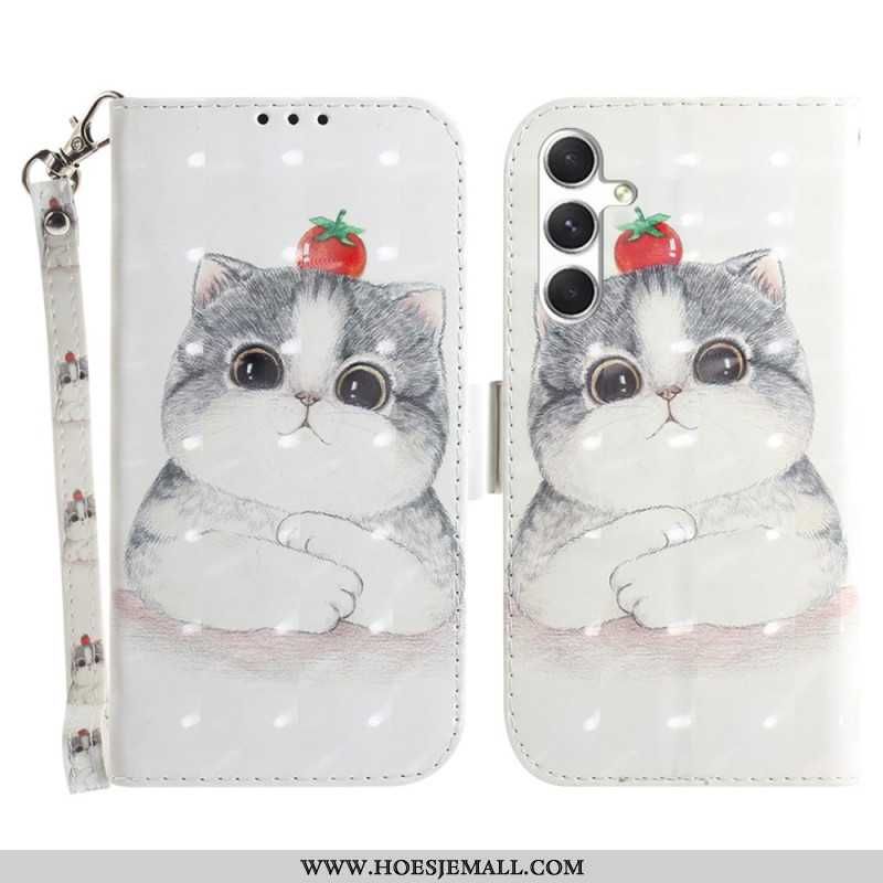 Leren Hoesje Samsung Galaxy S24 Plus 5g Schattige Kat Met Riem Bescherming Hoesje