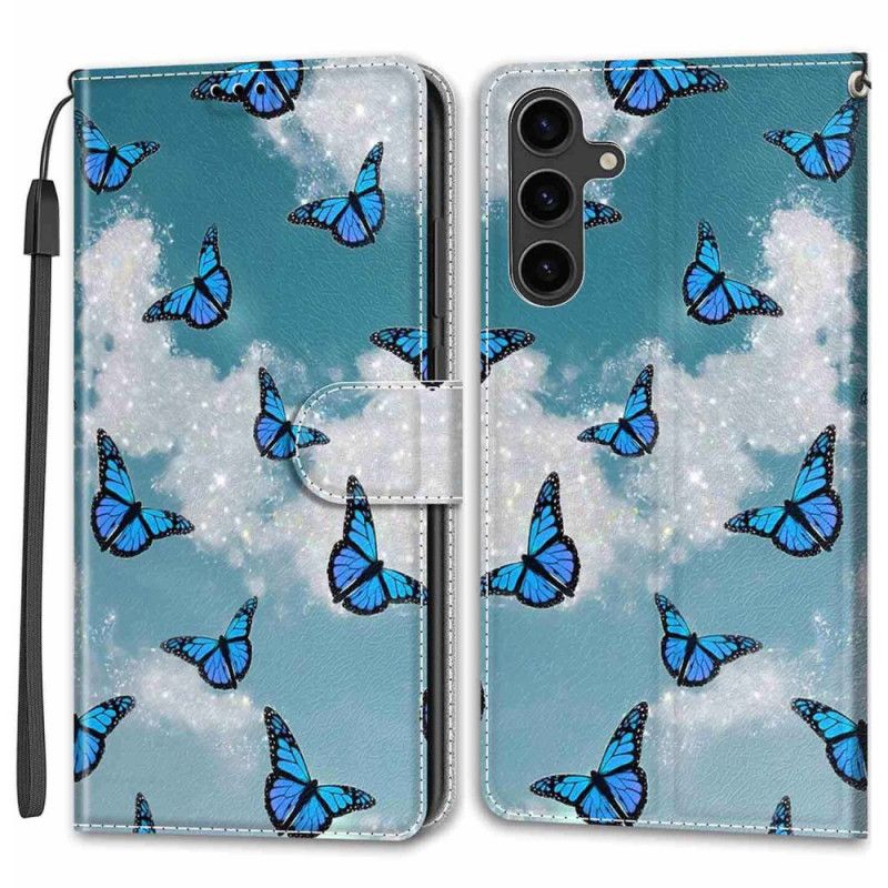 Leren Hoesje Samsung Galaxy S24 Plus 5g Witte Wolk Met Blauwe Vlinders Met Riem