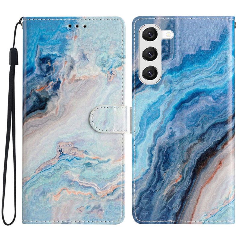 Leren Hoesje Voor Samsung Galaxy S24 Plus 5g Blauw Marmer Met Riem