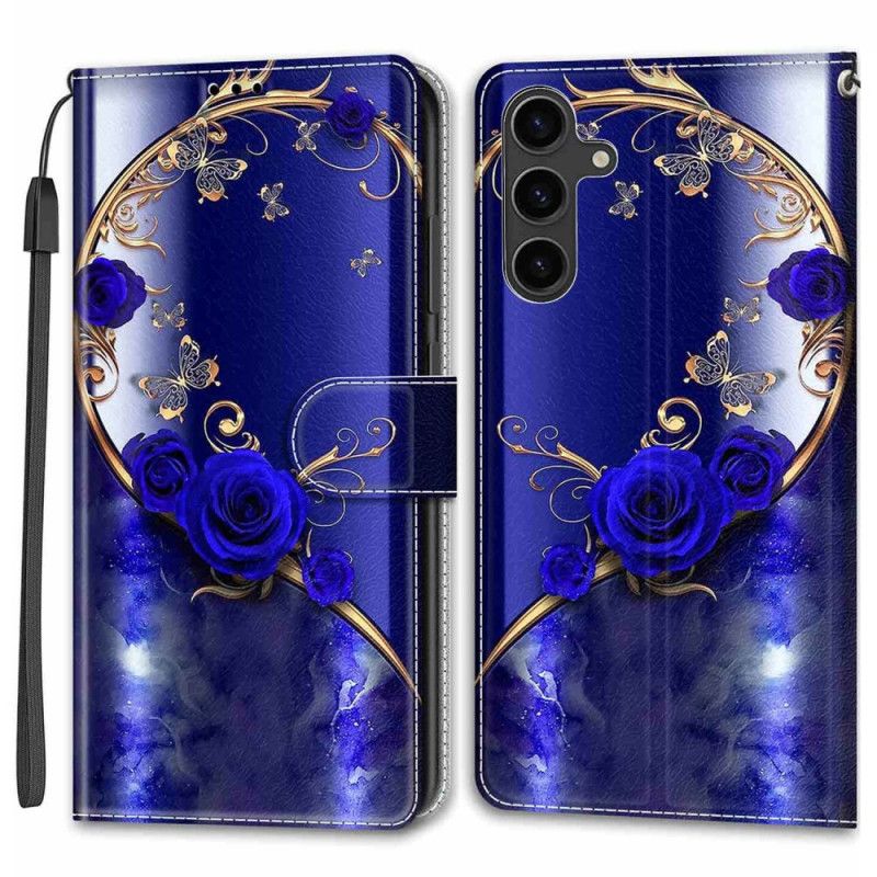 Leren Hoesje Voor Samsung Galaxy S24 Plus 5g Blauwroze En Gouden Vlinders Met Riem