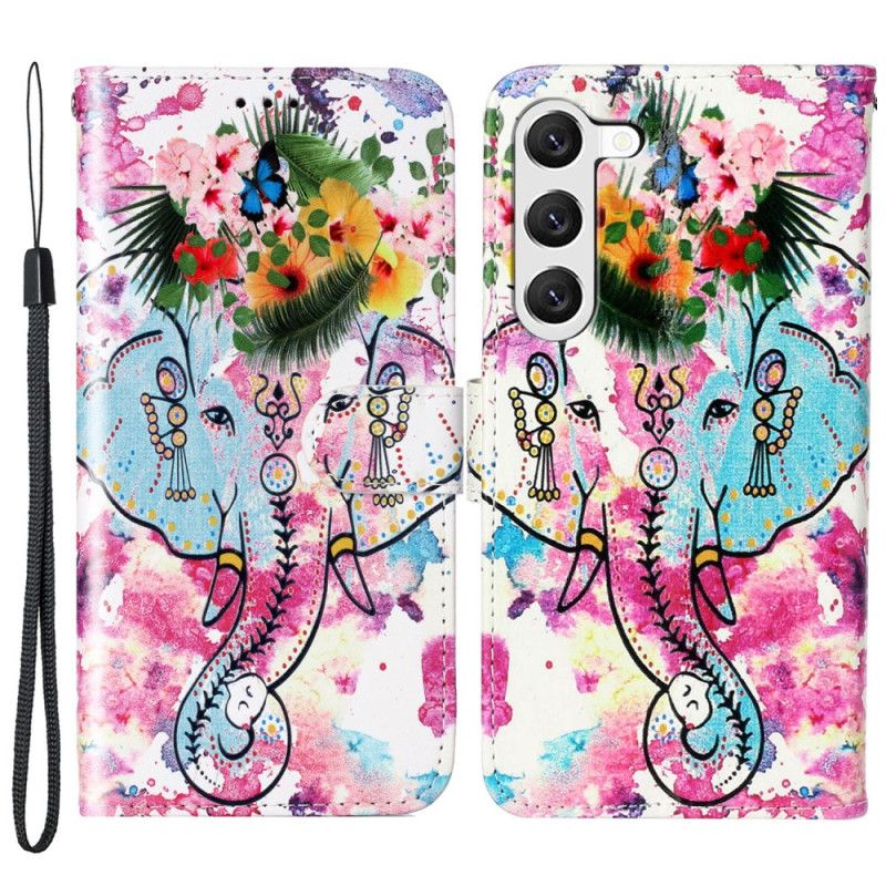 Leren Hoesje Voor Samsung Galaxy S24 Plus 5g Bloemenolifant Met Riem