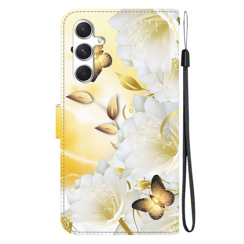 Leren Hoesje Voor Samsung Galaxy S24 Plus 5g Gouden Vlinders En Bloemen Met Riempje