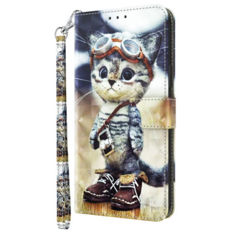 Leren Hoesje Voor Samsung Galaxy S24 Plus 5g Vliegenier Kat Met Riem