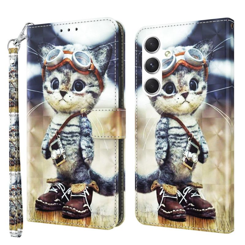 Leren Hoesje Voor Samsung Galaxy S24 Plus 5g Vliegenier Kat Met Riem