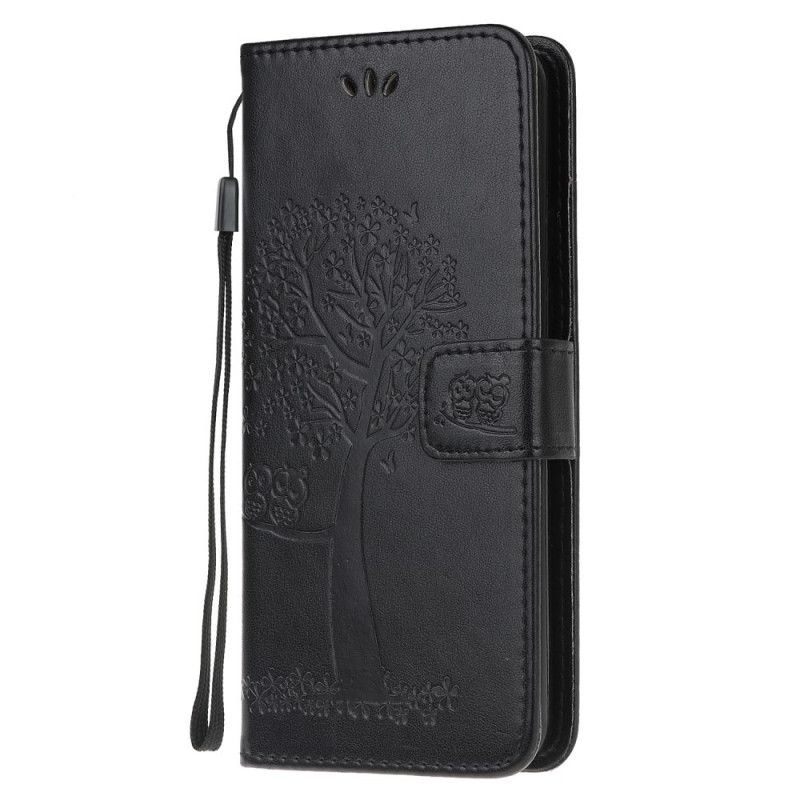 Flip Case Leren Samsung Galaxy S20 Grijs Zwart Boom En String Uilen