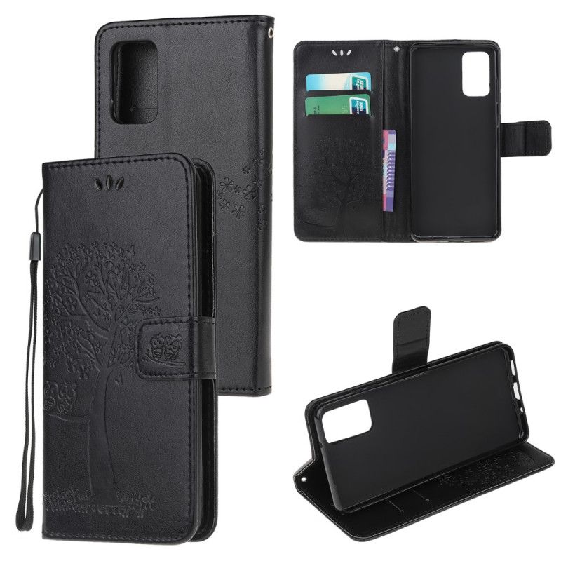 Flip Case Leren Samsung Galaxy S20 Grijs Zwart Boom En String Uilen