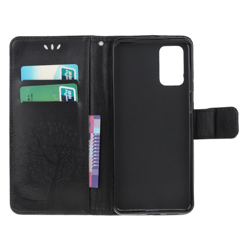 Flip Case Leren Samsung Galaxy S20 Grijs Zwart Boom En String Uilen