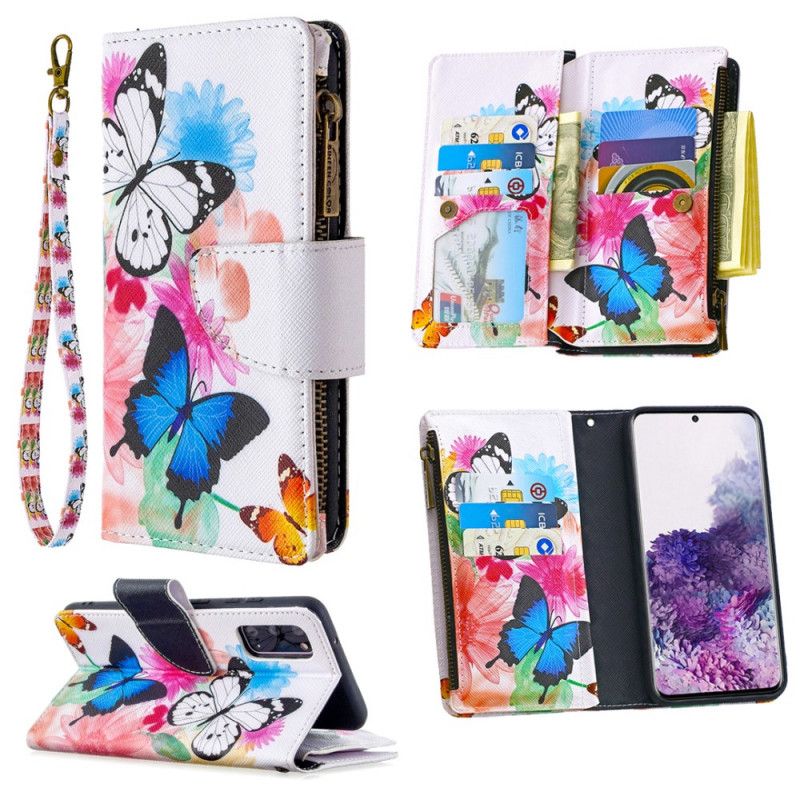 Flip Case Leren Samsung Galaxy S20 Wit Zwart Vlinderzak Met Ritssluiting