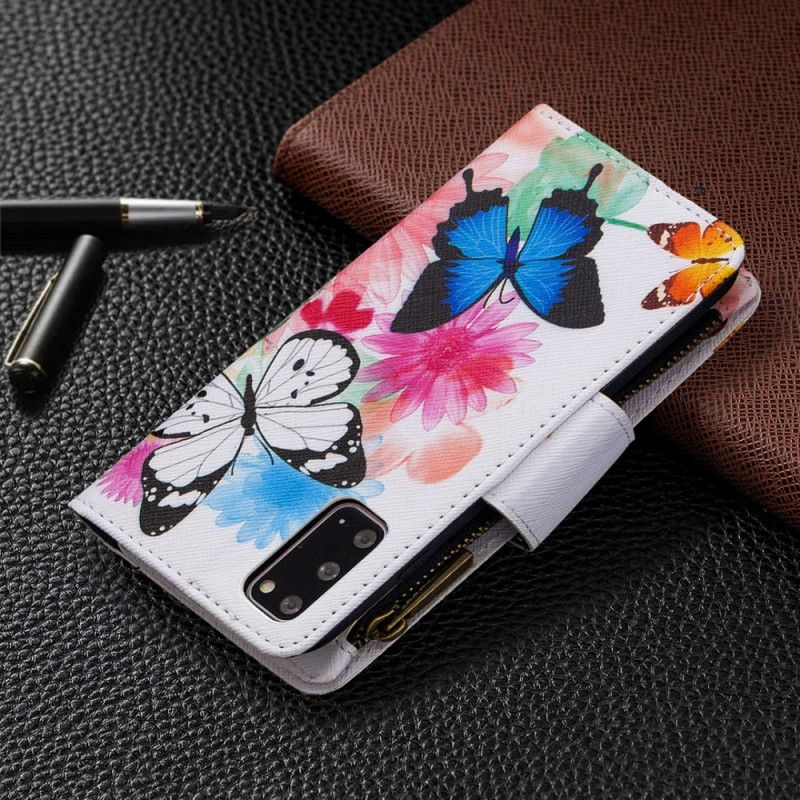 Flip Case Leren Samsung Galaxy S20 Wit Zwart Vlinderzak Met Ritssluiting