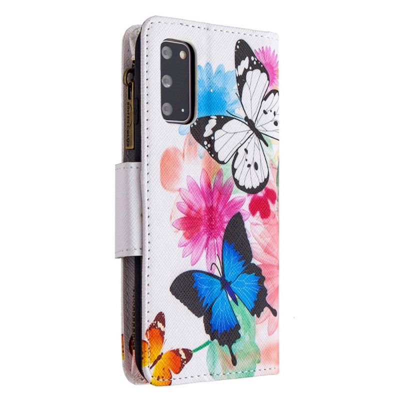 Flip Case Leren Samsung Galaxy S20 Wit Zwart Vlinderzak Met Ritssluiting