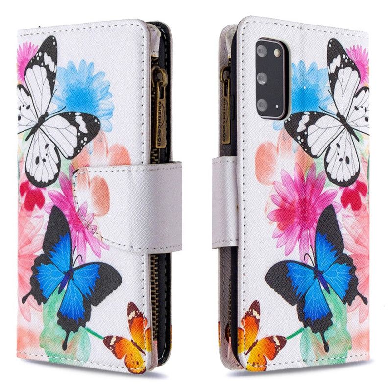 Flip Case Leren Samsung Galaxy S20 Wit Zwart Vlinderzak Met Ritssluiting