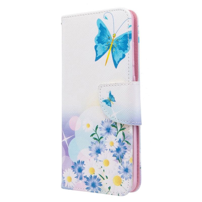 Leren Hoesje Samsung Galaxy S20 Lichtblauw Magenta Geschilderde Vlinders En Bloemen