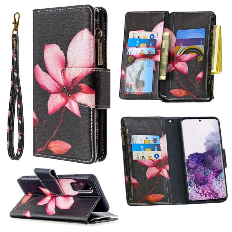 Leren Hoesje voor Samsung Galaxy S20 Wit Zwart Bloemenzak Met Ritssluiting