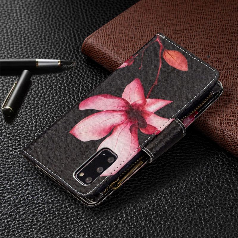 Leren Hoesje voor Samsung Galaxy S20 Wit Zwart Bloemenzak Met Ritssluiting