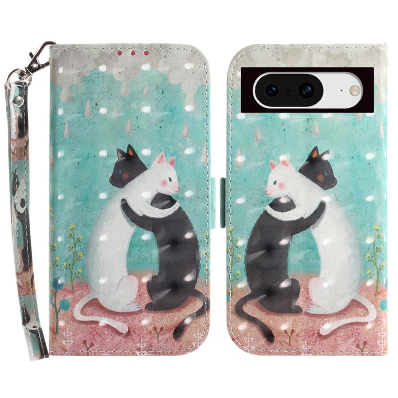 Flip Case Leren Google Pixel 8 Zwarte Kat Witte Kat Met Riem