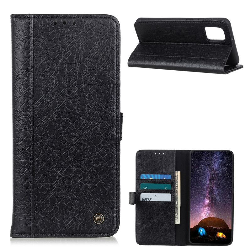 Flip Case Leren Samsung Galaxy A02s Grijs Zwart Neushoornstijl Van Imitatieleer