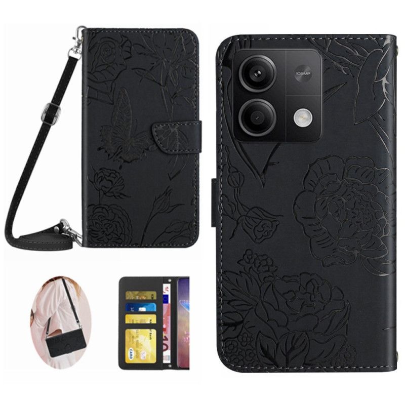 Flip Case Leren Xiaomi Redmi Note 13 Pro 4g Vlinderprint Met Schouderband