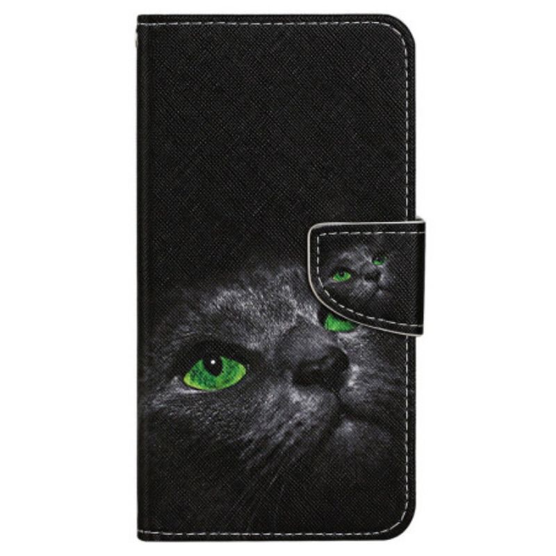 Leren Hoesje Voor Xiaomi Redmi Note 13 Pro 4g Kat Met Groene Ogen En Riem