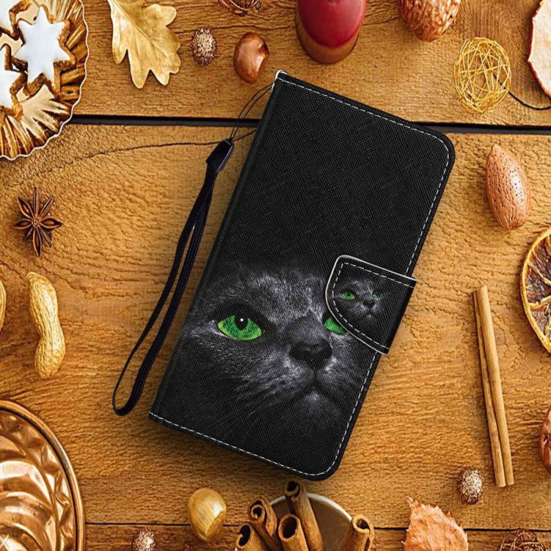 Leren Hoesje Voor Xiaomi Redmi Note 13 Pro 4g Kat Met Groene Ogen En Riem