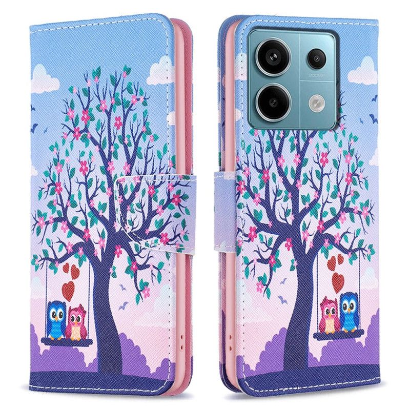 Leren Hoesje Voor Xiaomi Redmi Note 13 Pro 4g Twee Uilen Op De Schommel