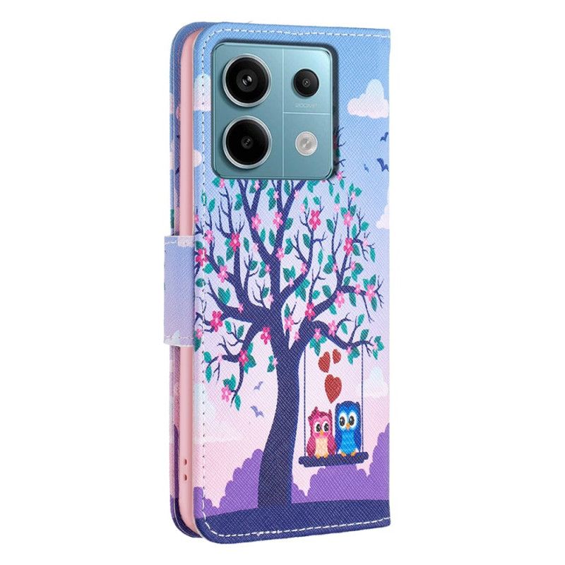 Leren Hoesje Voor Xiaomi Redmi Note 13 Pro 4g Twee Uilen Op De Schommel