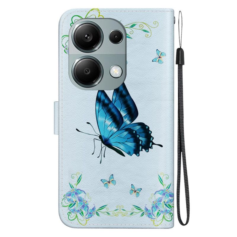 Leren Hoesje Xiaomi Redmi Note 13 Pro 4g Blauwe Vlinder En Bloemen Met Riempje