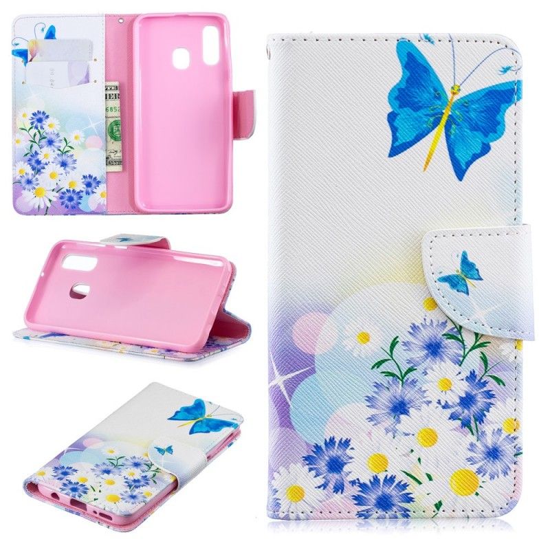 Cover Folio-hoesje Samsung Galaxy A40 Lichtblauw Magenta Telefoonhoesje Vlinders En Bloemen Beschilderd