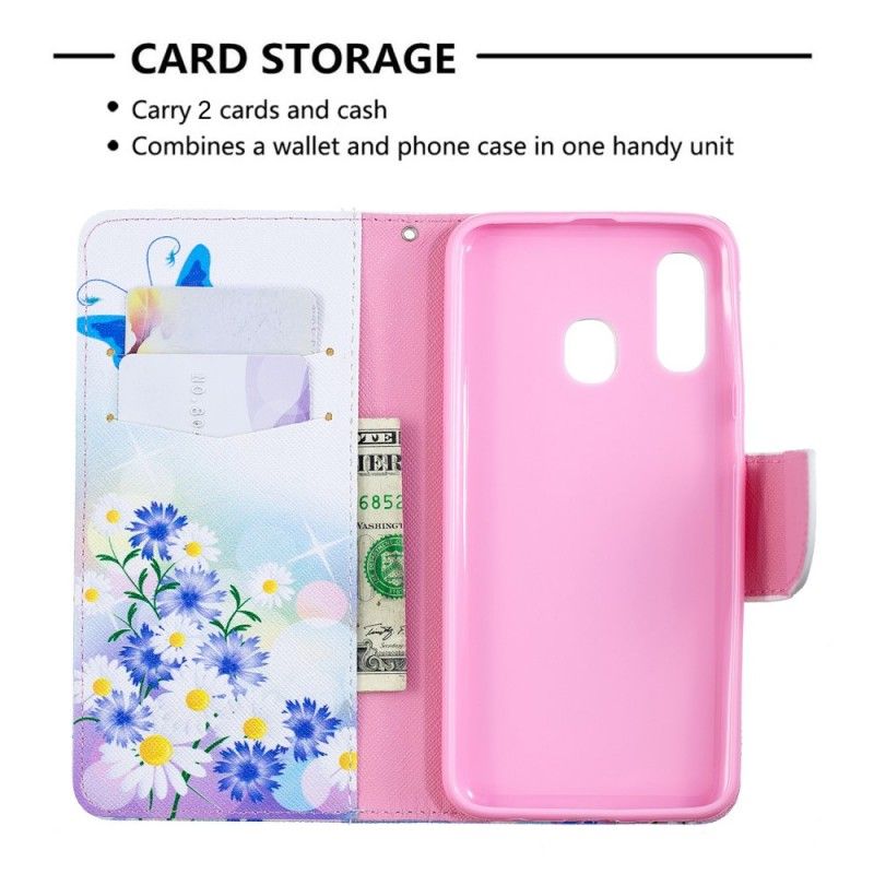 Cover Folio-hoesje Samsung Galaxy A40 Lichtblauw Magenta Telefoonhoesje Vlinders En Bloemen Beschilderd