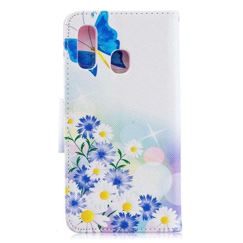 Cover Folio-hoesje Samsung Galaxy A40 Lichtblauw Magenta Telefoonhoesje Vlinders En Bloemen Beschilderd