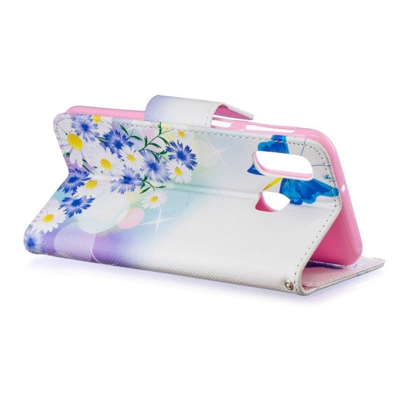 Cover Folio-hoesje Samsung Galaxy A40 Lichtblauw Magenta Telefoonhoesje Vlinders En Bloemen Beschilderd