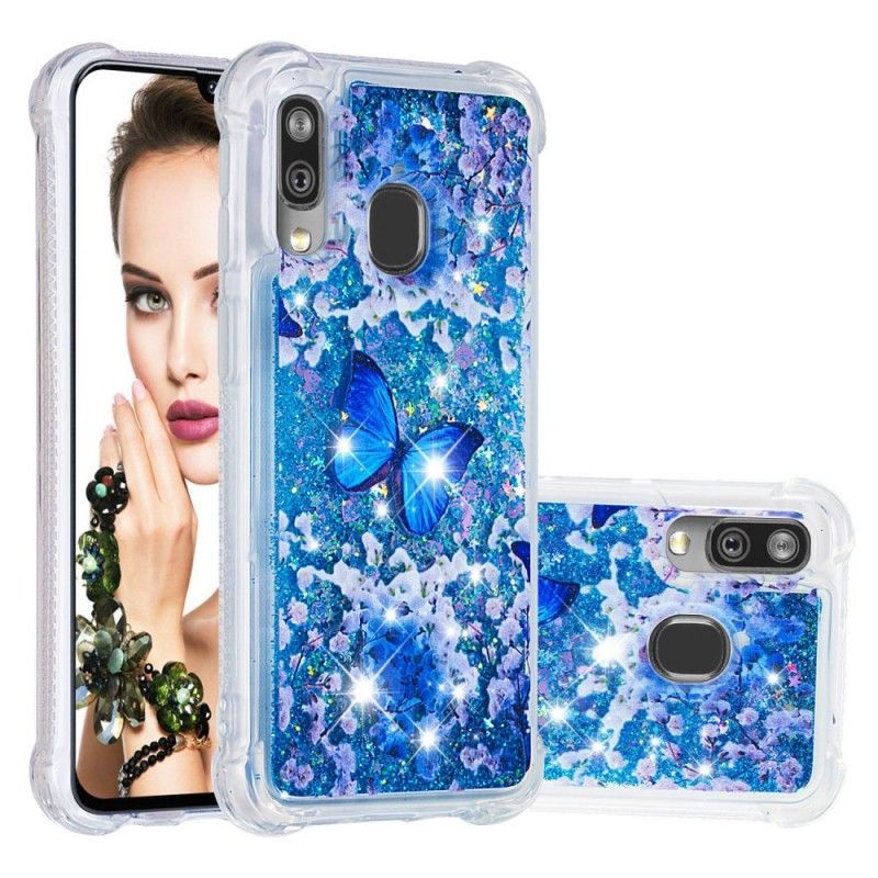 Cover Hoesje Samsung Galaxy A40 Telefoonhoesje Blauwe Glittervlinders