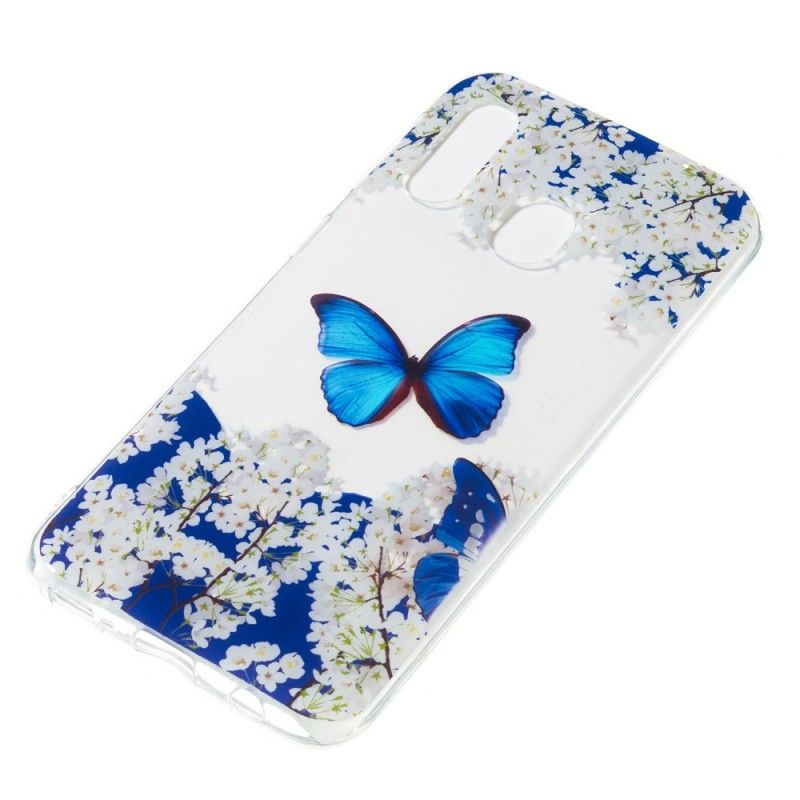 Hoesje Samsung Galaxy A40 Telefoonhoesje Blauwe Vlinder En Winterbloemen