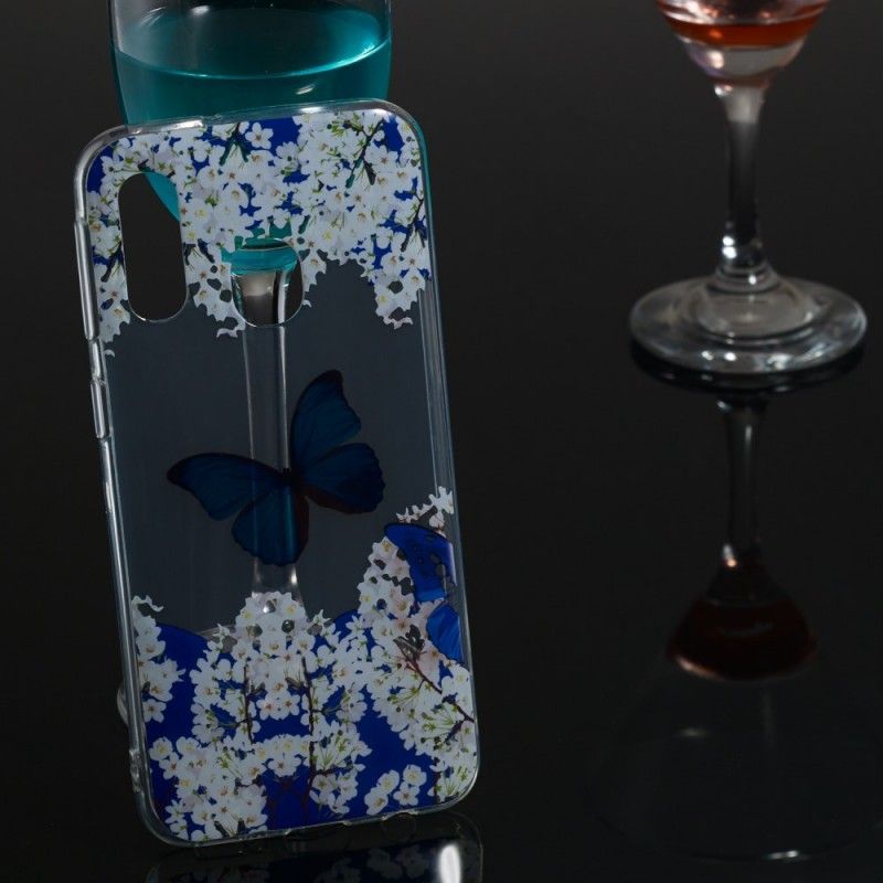 Hoesje Samsung Galaxy A40 Telefoonhoesje Blauwe Vlinder En Winterbloemen