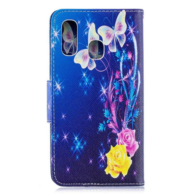 Leren Hoesje Samsung Galaxy A40 Kleurrijke Vlinders In De Nacht