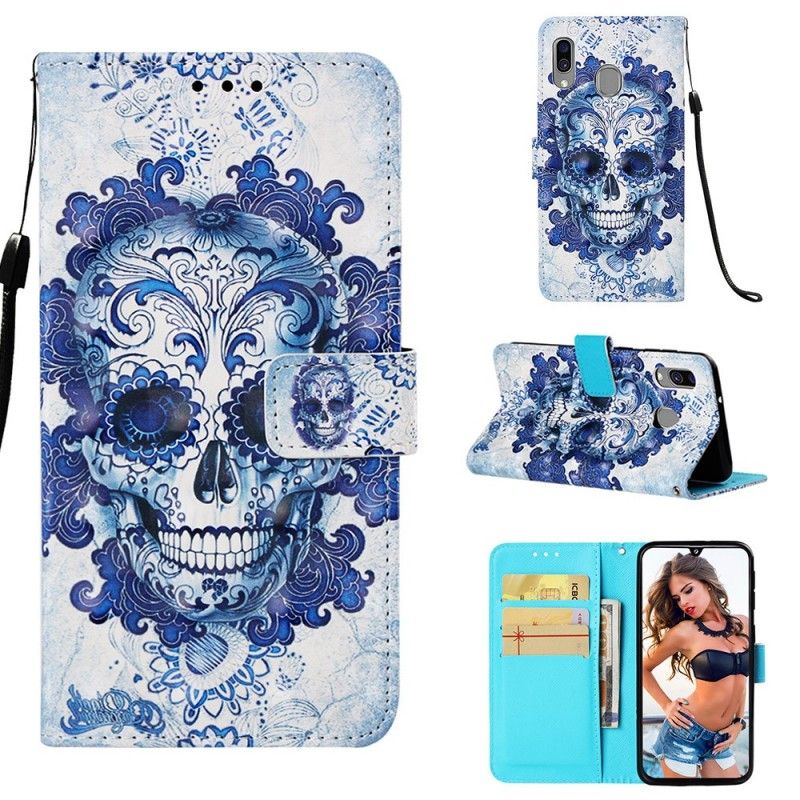 Leren Hoesje voor Samsung Galaxy A40 Blauwe Schedel