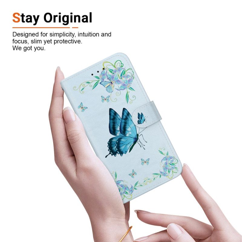 Folio-hoesje Oppo Reno 11 5g Telefoonhoesje Blauwe Vlinder En Bloemen Met Riempje