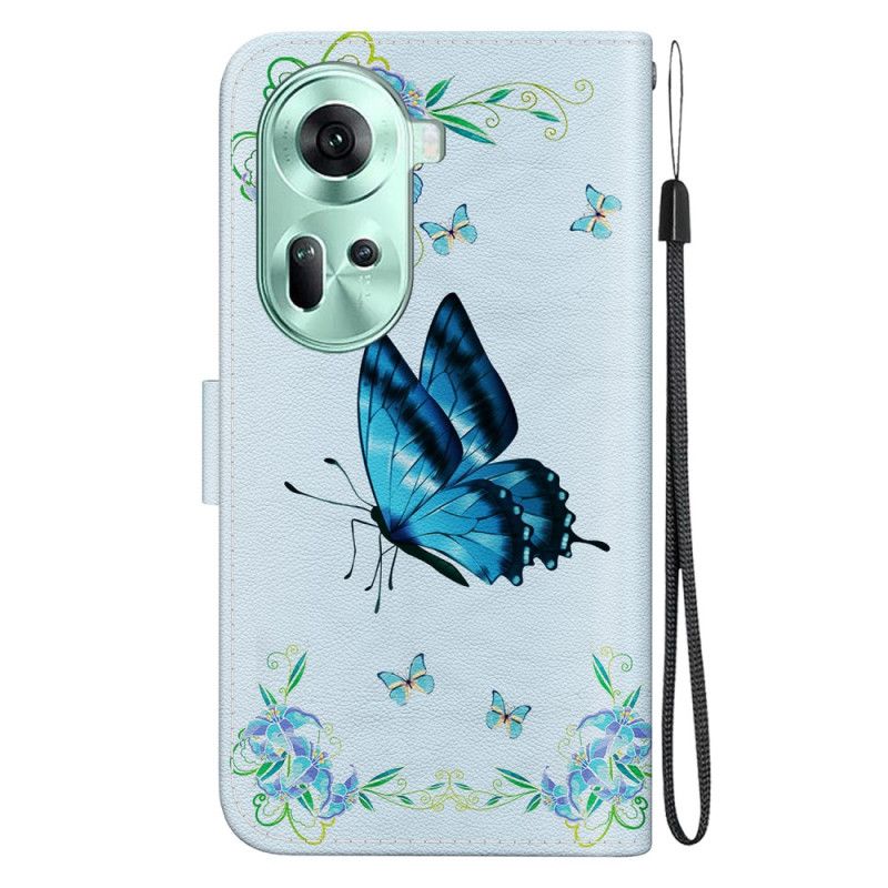 Folio-hoesje Oppo Reno 11 5g Telefoonhoesje Blauwe Vlinder En Bloemen Met Riempje