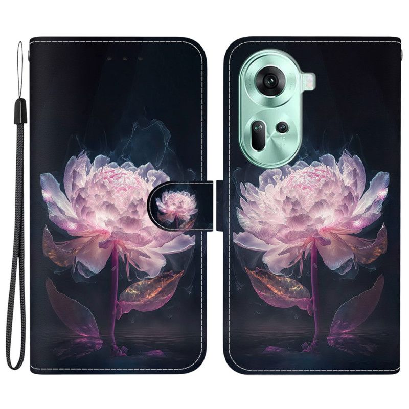 Leren Hoesje Oppo Reno 11 5g Paarse Pioen Met Riem Bescherming Hoesje