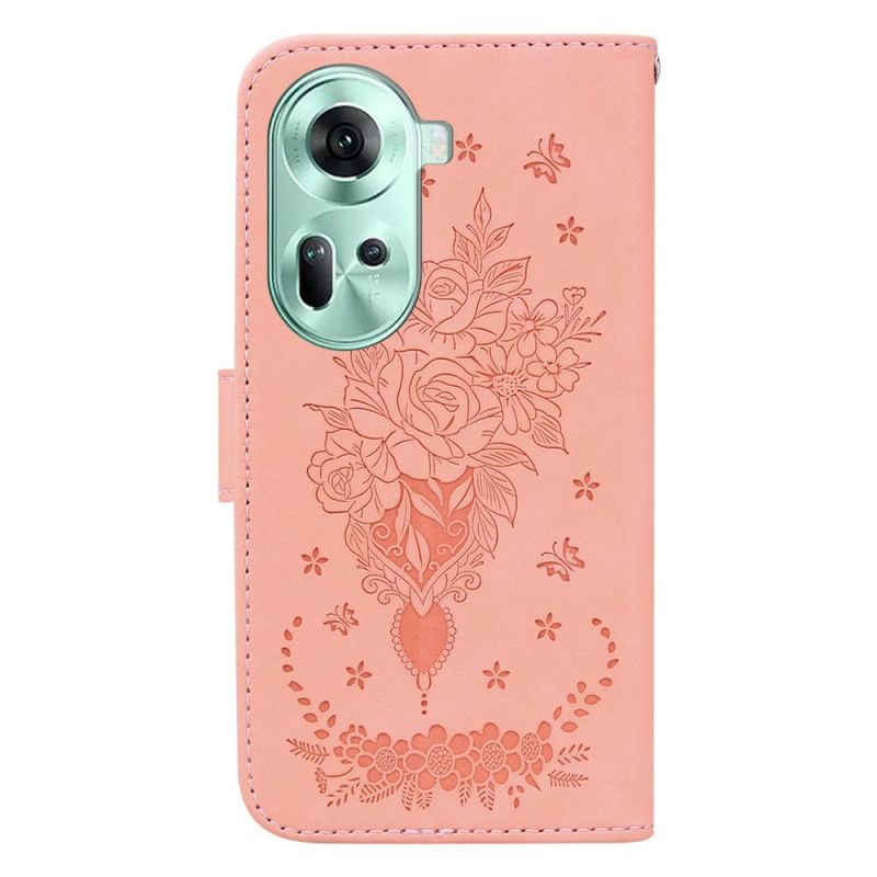 Leren Hoesje Voor Oppo Reno 11 5g Bloemenpatroon Met Suède-effect En Riempje