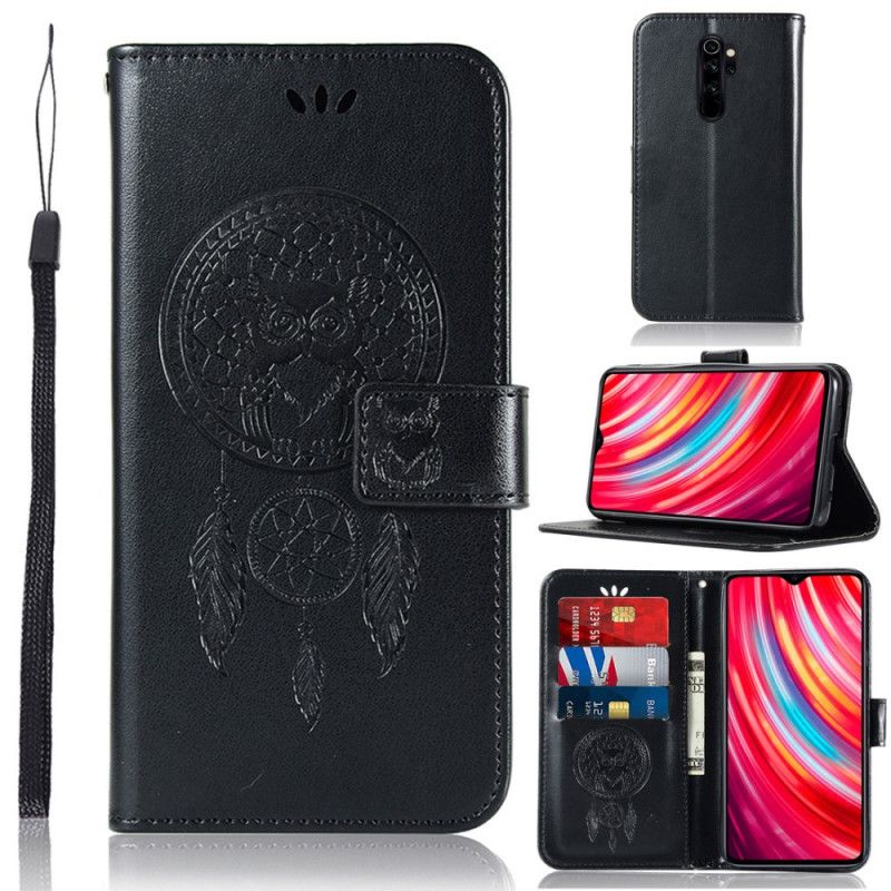 Cover Folio-hoesje Xiaomi Redmi Note 8 Pro Lichtblauw Zwart Telefoonhoesje Uil Dromenvanger Met Leereffect