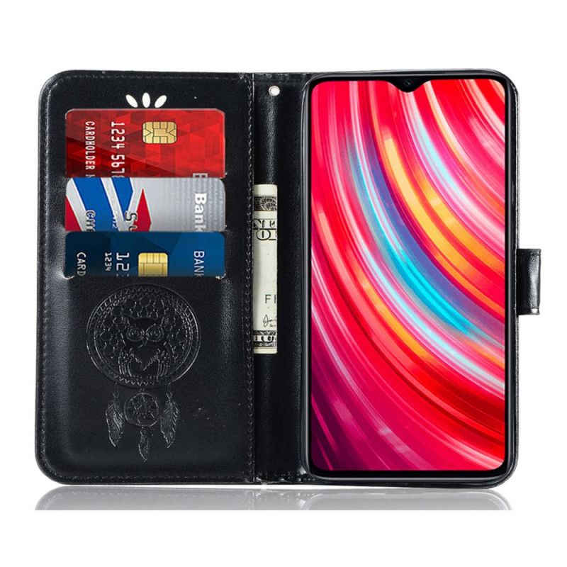 Cover Folio-hoesje Xiaomi Redmi Note 8 Pro Lichtblauw Zwart Telefoonhoesje Uil Dromenvanger Met Leereffect