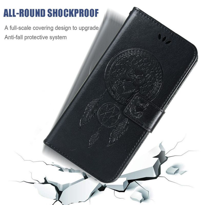 Cover Folio-hoesje Xiaomi Redmi Note 8 Pro Lichtblauw Zwart Telefoonhoesje Uil Dromenvanger Met Leereffect