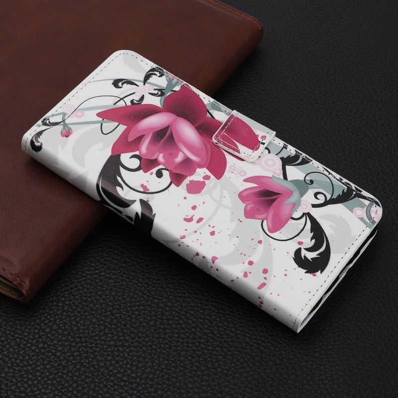 Leren Hoesje voor Xiaomi Redmi Note 8 Pro Roze Magenta Tropische Bloemen