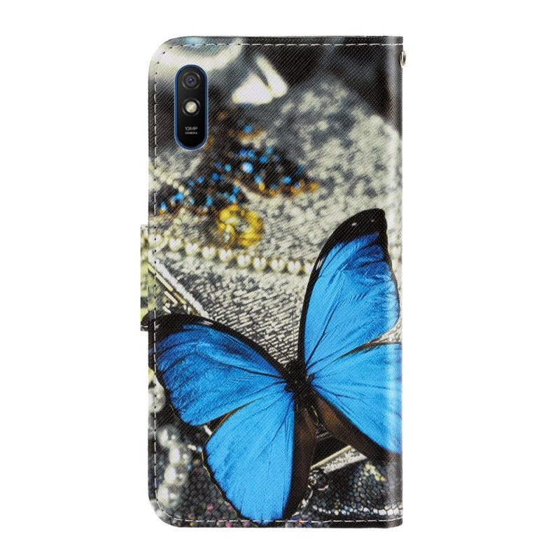 Bescherming Hoesje Xiaomi Redmi 9A Donkerblauw Zwart Vlindervariaties Met String