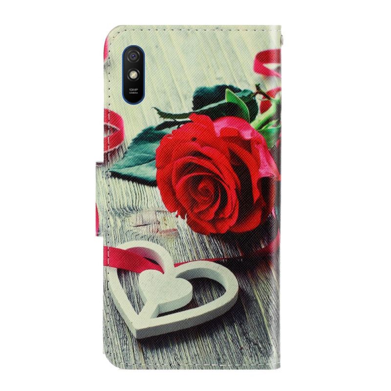 Cover Folio-hoesje Xiaomi Redmi 9A Telefoonhoesje Romantische Roos Met String