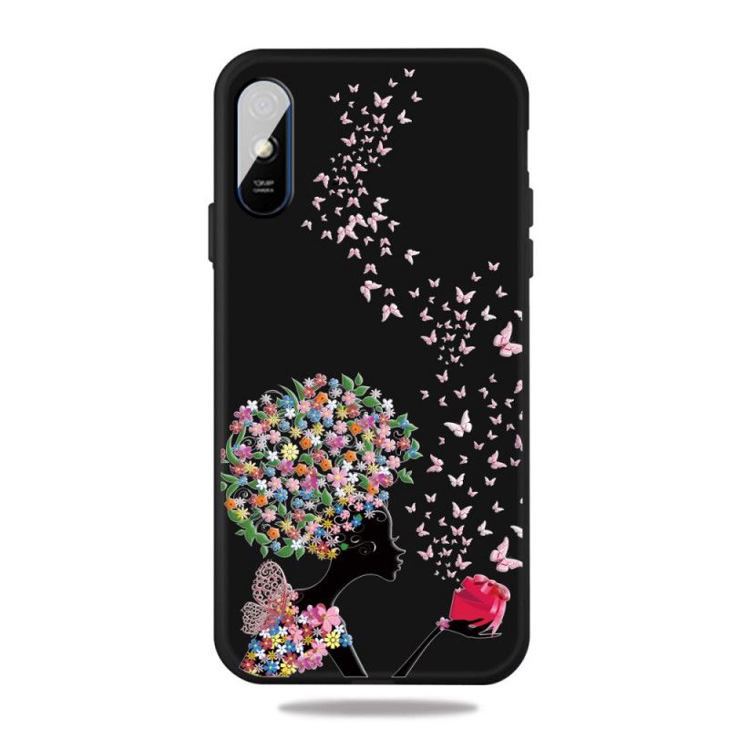 Cover Hoesje Xiaomi Redmi 9A Telefoonhoesje Vrouw Met Een Bloemig Hoofd