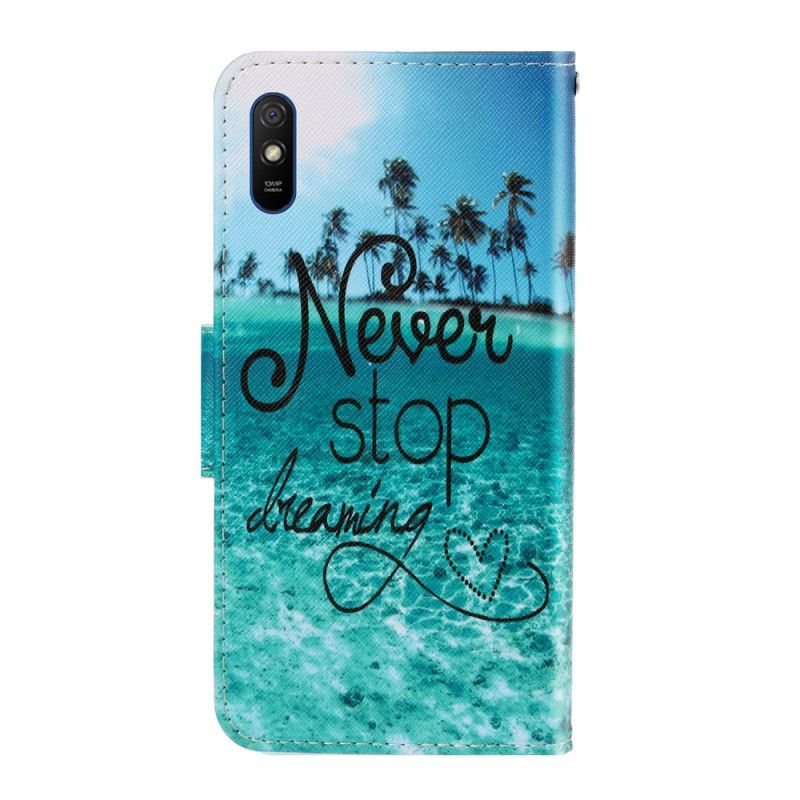 Flip Case Leren Xiaomi Redmi 9A Stop Nooit Met Dromen Marine Met String