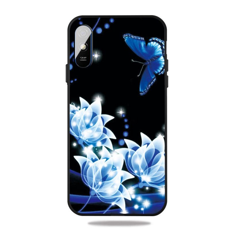 Hoesje voor Xiaomi Redmi 9A Vlinder En Blauwe Bloemen